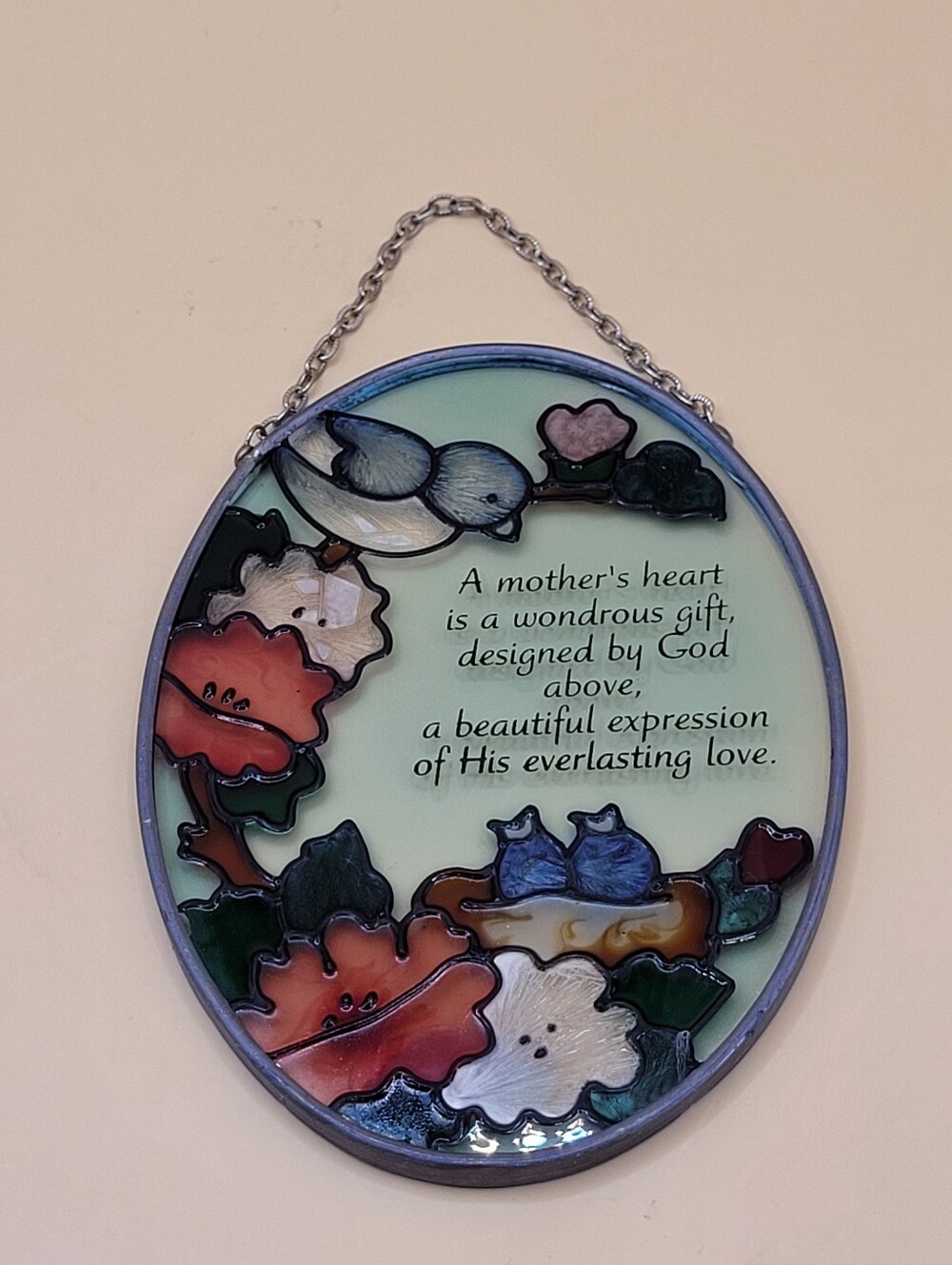 Vintage Joan Baker Designs Handpainted Mother's Heart Glass Suncatcher Plaque